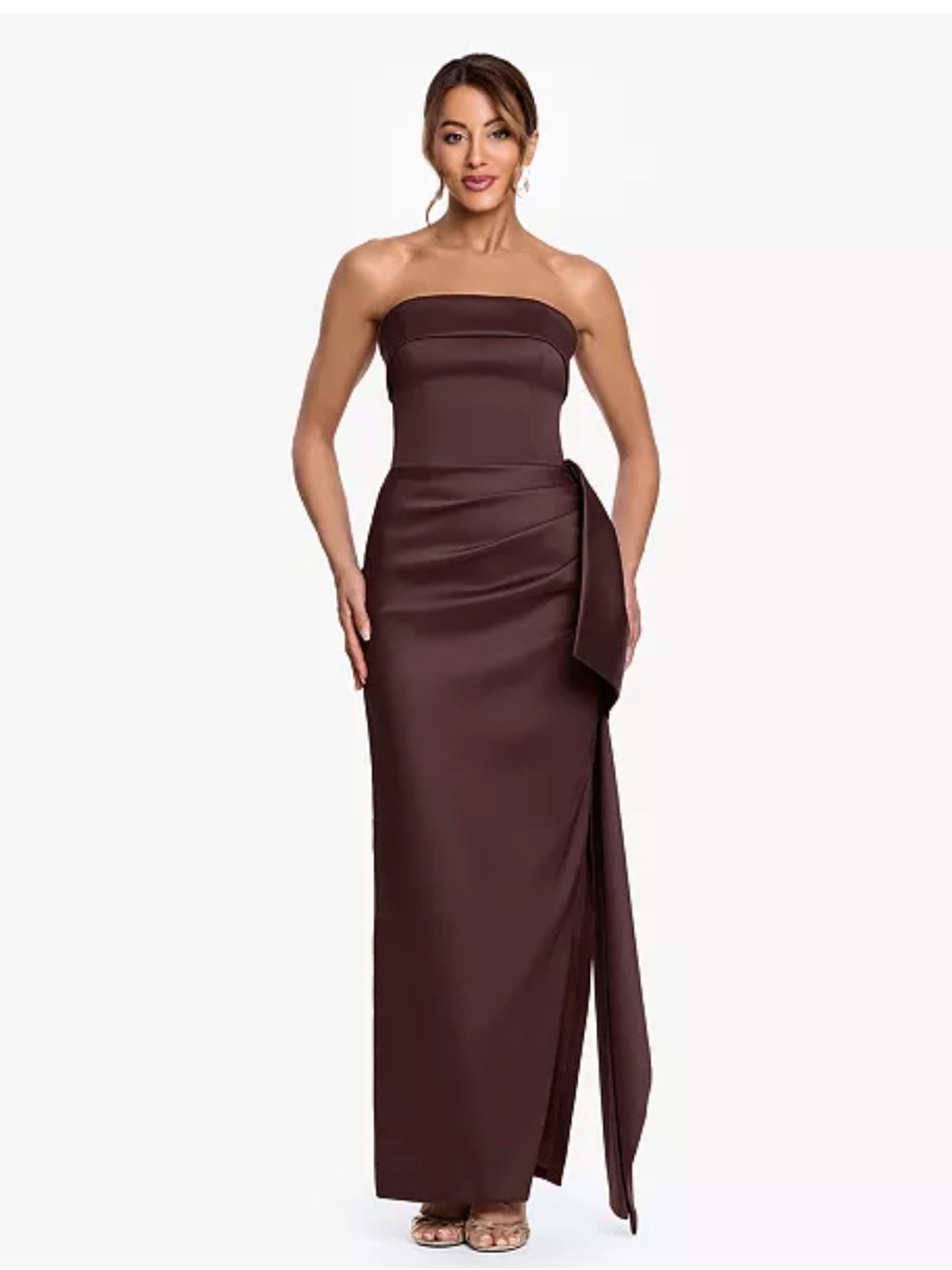Xscape Strapless Satin Column Gown in Chocolate